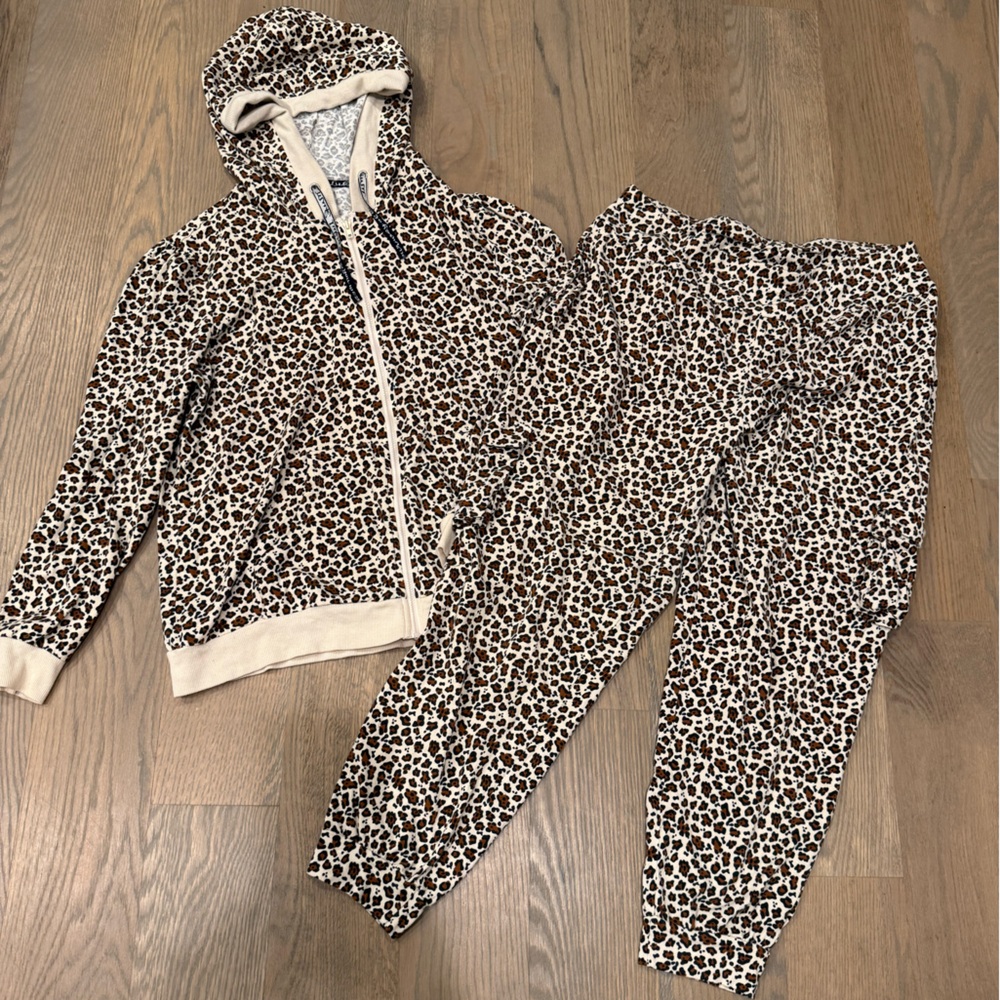 Muk Luks Leopard Print Zip-Up Hoodie and pants